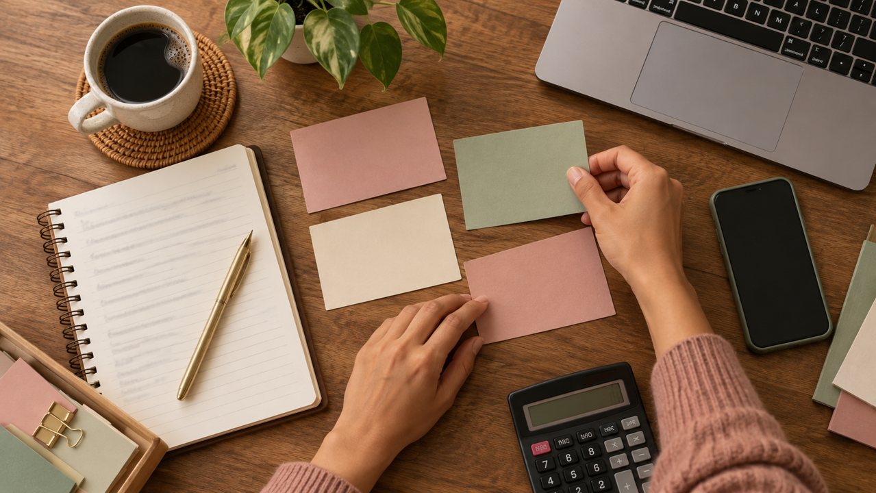Mãos organizando cartões de planejamento ao lado de calculadora e caderno