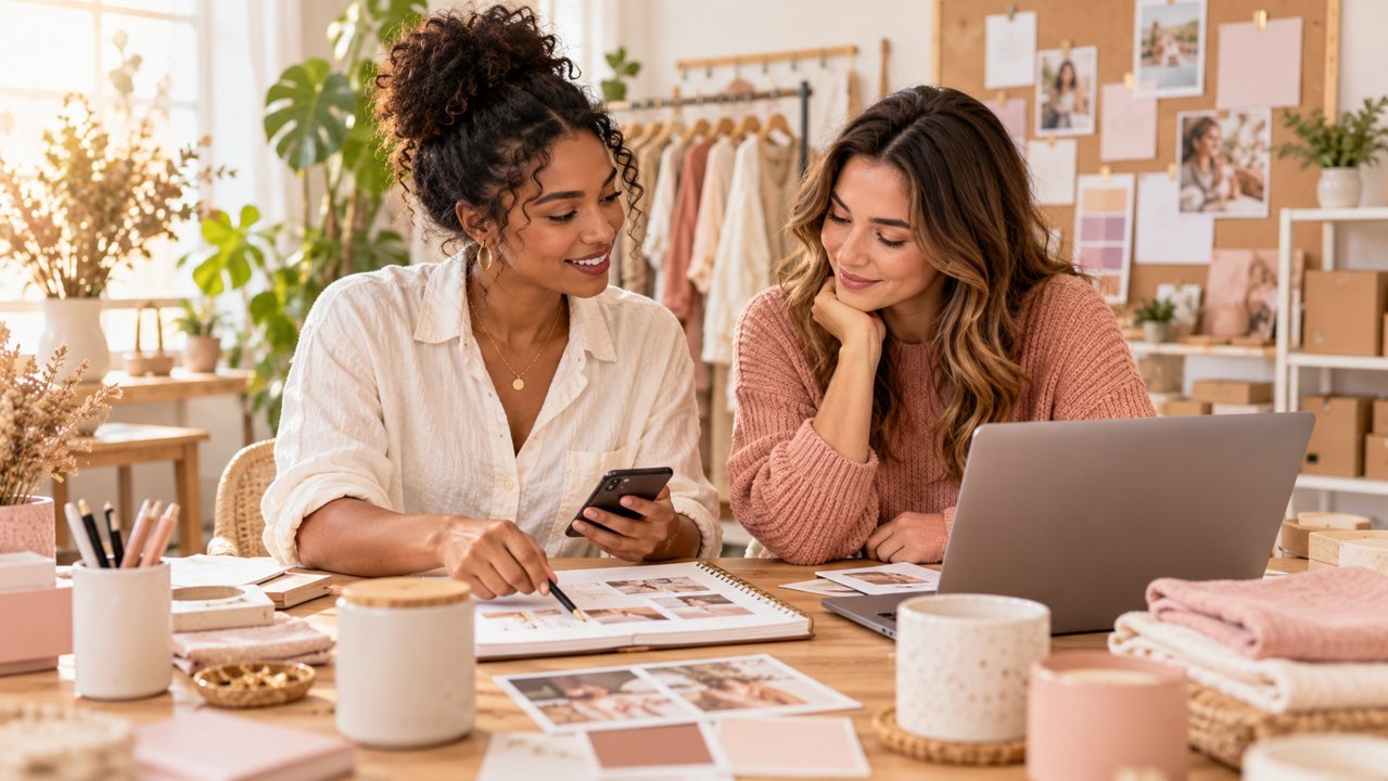 Duas mulheres planejam conteúdo com celular e caderno
