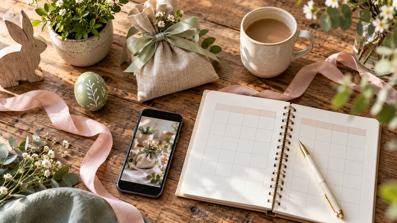 Caderno de planejamento e celular ao lado de caneca, planta e embalagem de presente com decoração de Páscoa.
