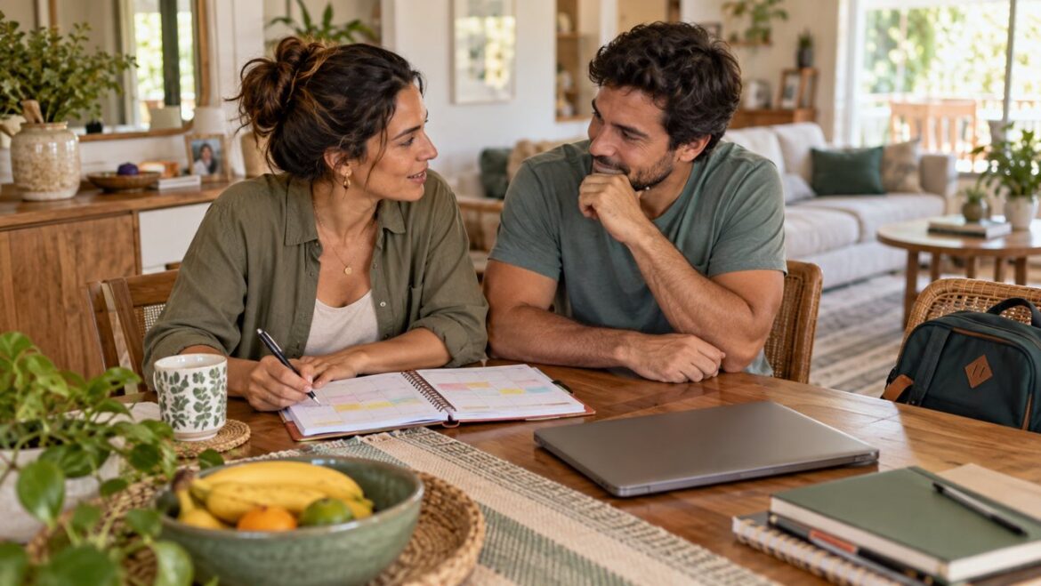 Casal conversando sobre o planejamento da semana à mesa, com caderno e notebook fechado.