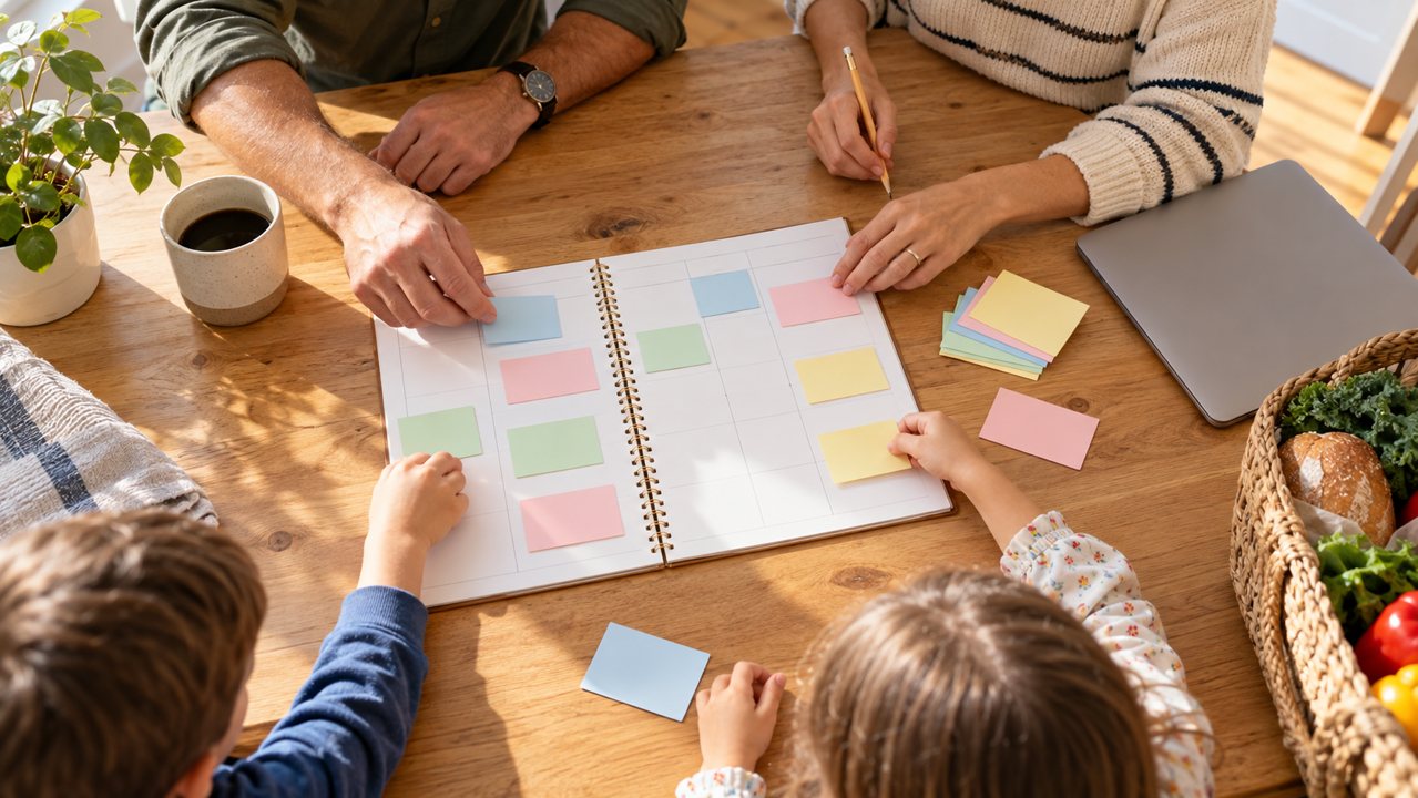 Família organizando cartões em um planejador semanal sobre uma mesa.