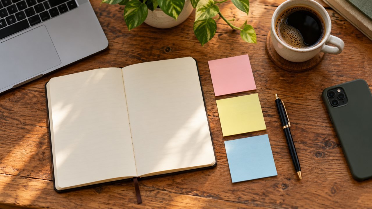 Caderno aberto, três notas adesivas e caneta ao lado de notebook e celular virado para baixo.