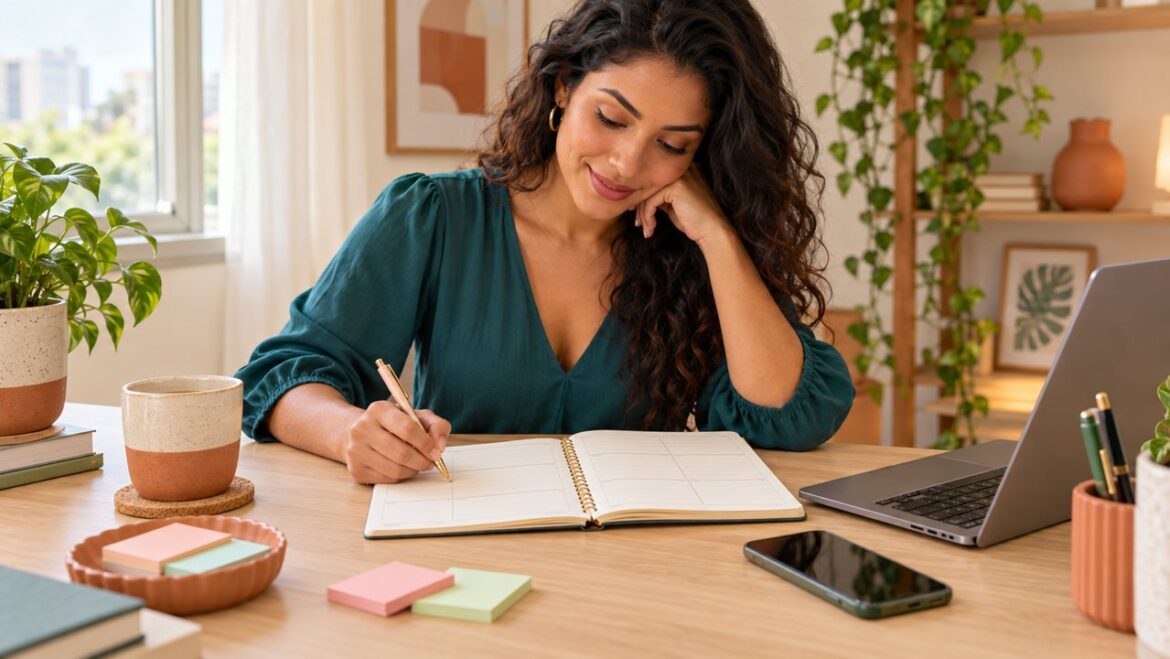 Empreendedora criando um planner para organizar sua rotina