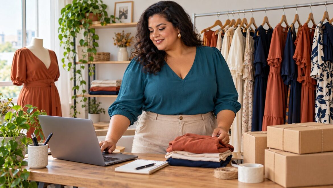 Empreendedora organizando sua loja virtual plus size