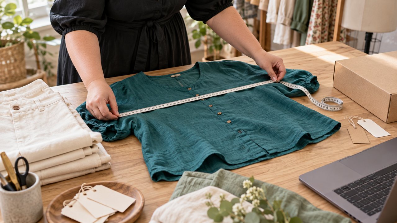 Conferência das medidas de uma blusa para o catálogo plus size