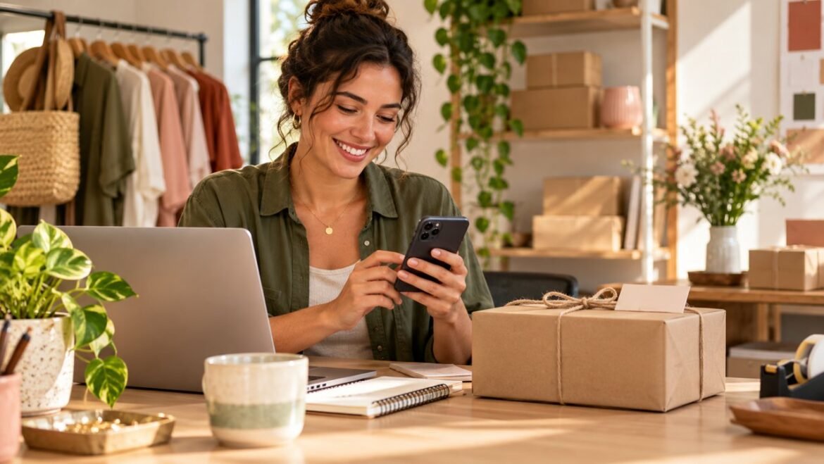 Empreendedora acompanha o atendimento pelo celular ao lado de um pedido embalado.