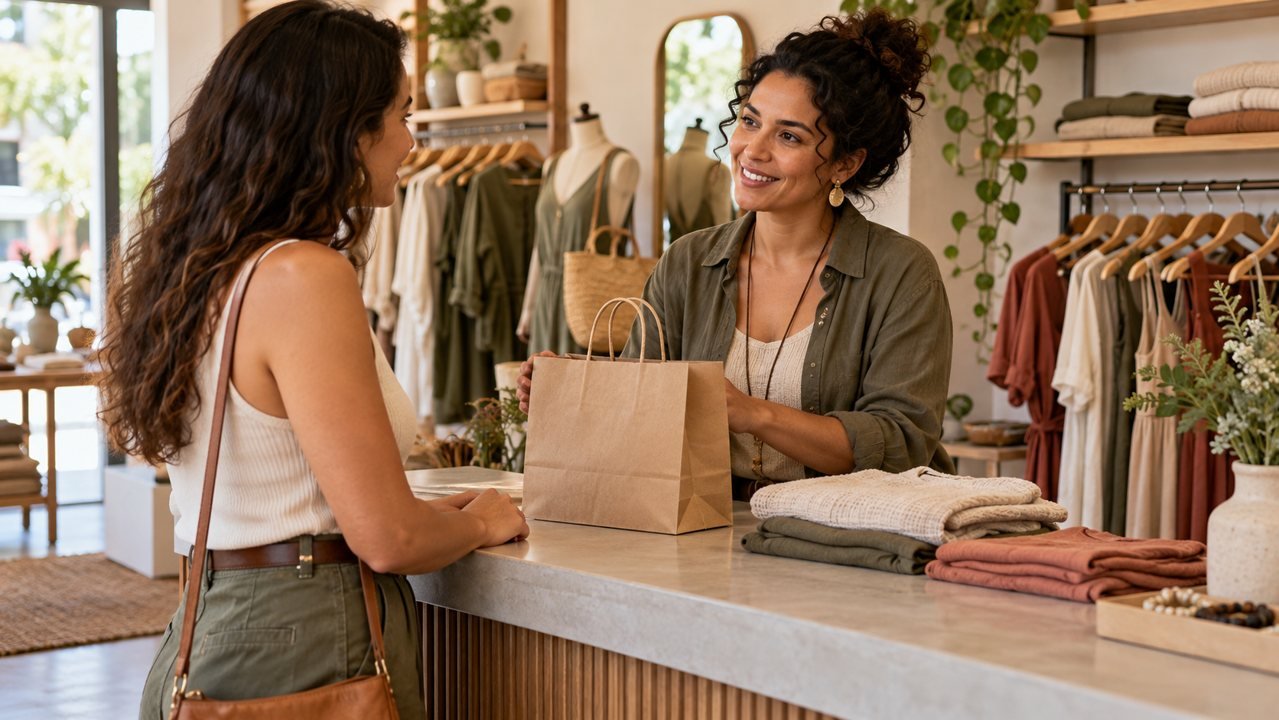 Lojista conversa com uma cliente em uma loja de roupas.