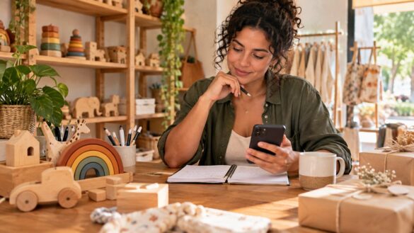 Empreendedora planejando conteúdos com celular e caderno ao lado de presentes
