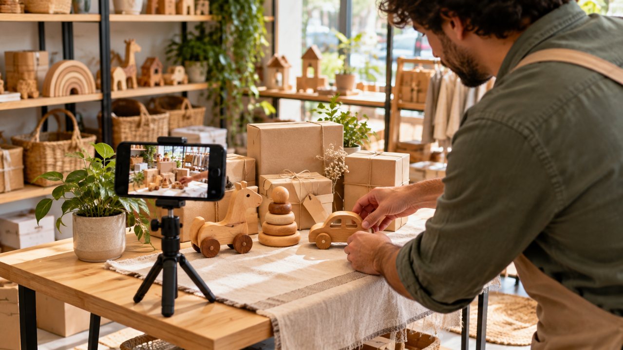 Empreendedor gravando brinquedos e presentes com celular em um tripé