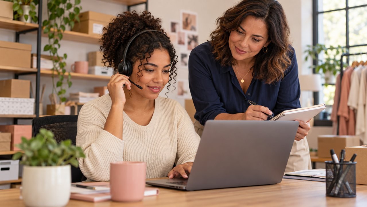 Atendente pratica no computador com orientação de uma supervisora