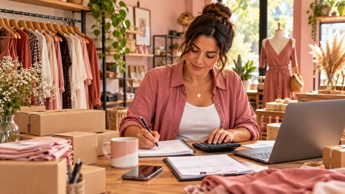 Empreendedora calcula preços de produtos em sua loja