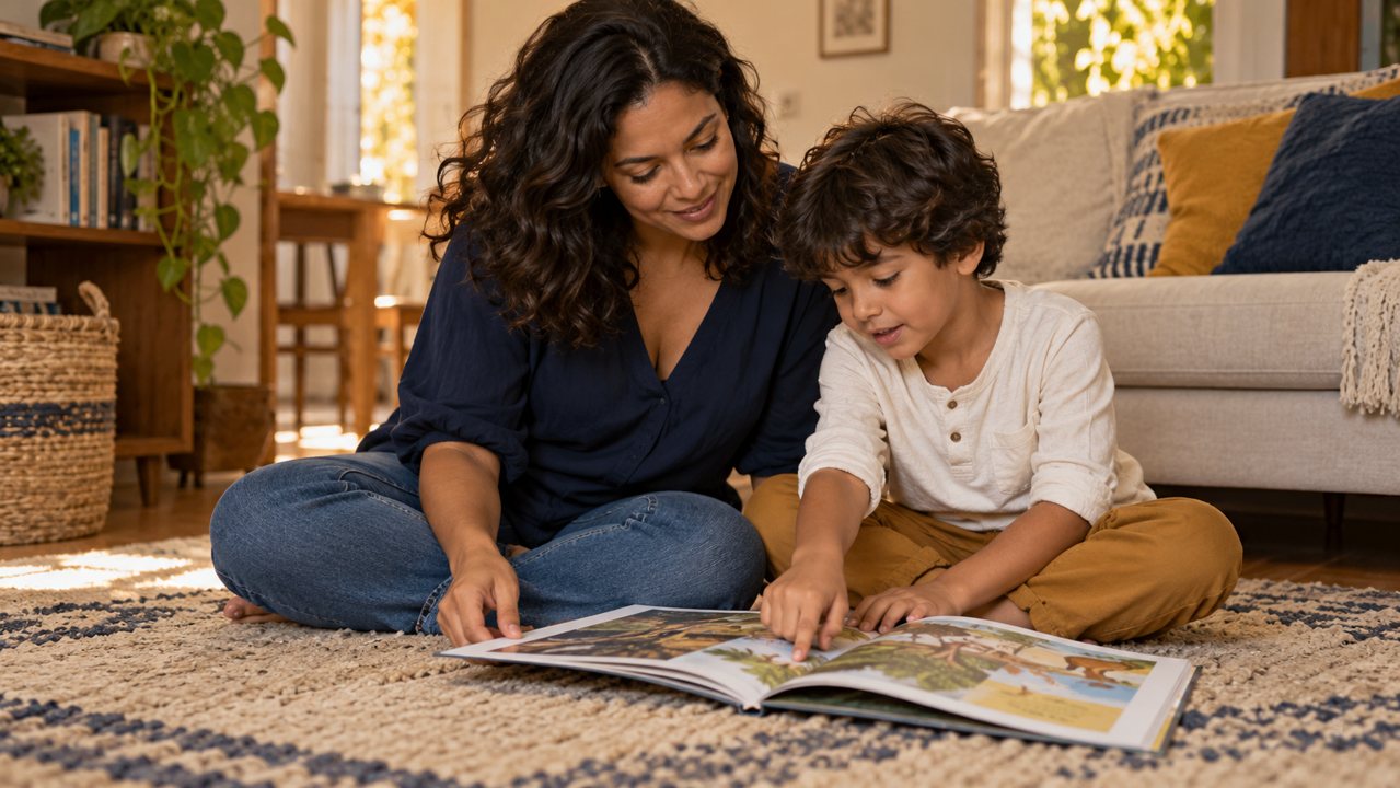 Mãe e criança olham juntas um livro sentadas no tapete da sala.