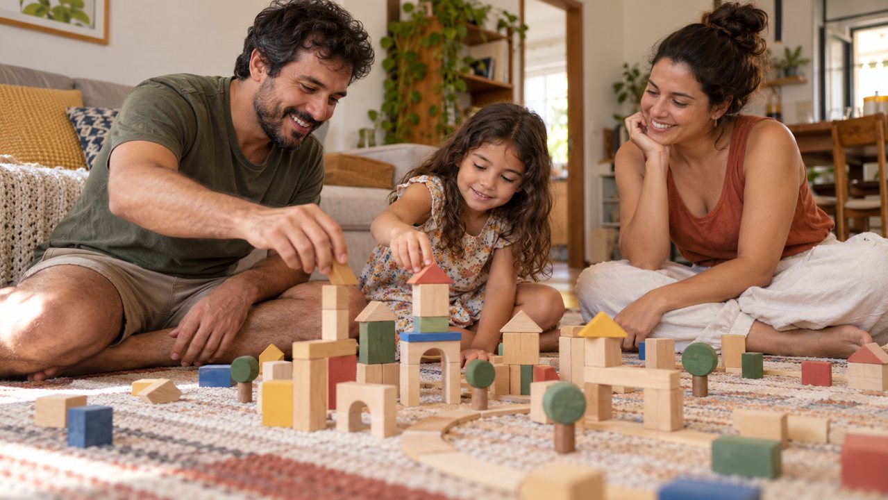 Pai, mãe e criança brincando juntos com blocos de madeira sobre um tapete
