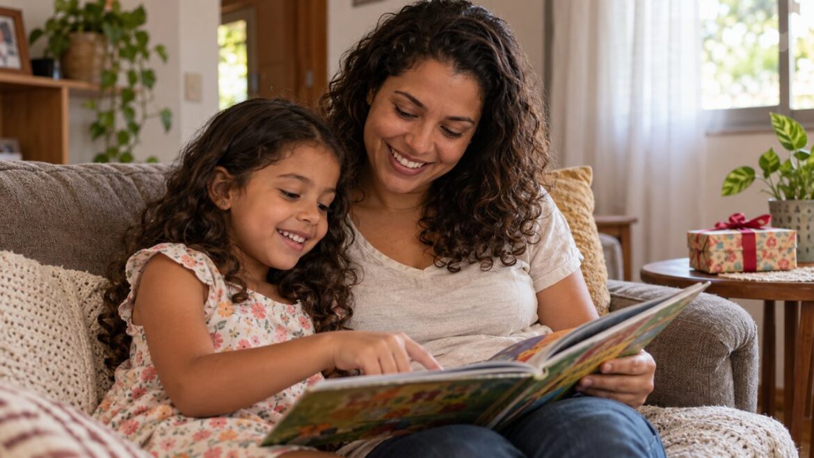 Mãe e filha lendo um livro juntas no sofá, com um pequeno presente sobre a mesa lateral