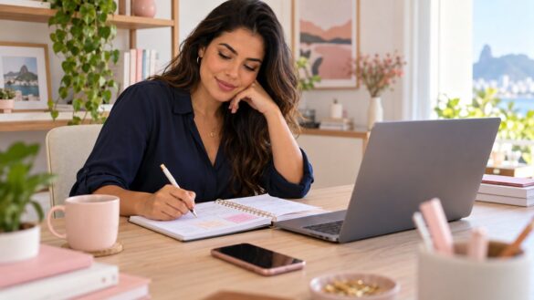 Empreendedora organizando um calendário de divulgação ao lado do notebook.
