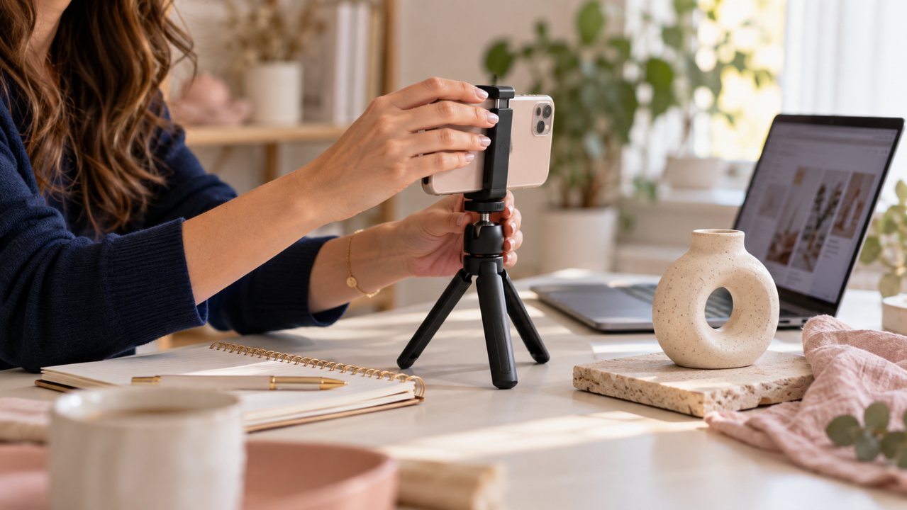 Mulher posicionando um celular no tripé para produzir conteúdo sobre uma peça artesanal.