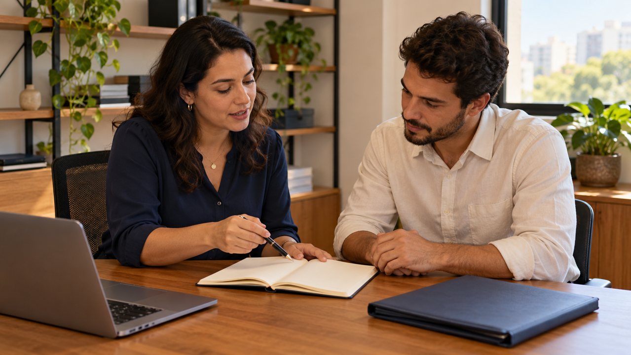 Empresária explica uma rotina de trabalho a um novo colega com apoio de um caderno.