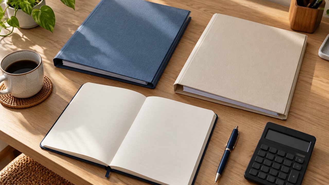 Pastas separadas, caderno e calculadora sobre uma mesa para organizar registros financeiros