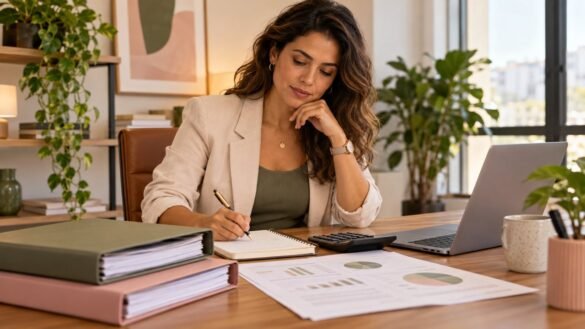 Empresária organizando as finanças pessoais e empresariais com caderno e calculadora
