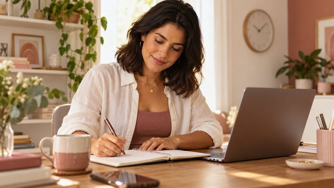 Empreendedora organizando o trabalho em um caderno ao lado do computador.