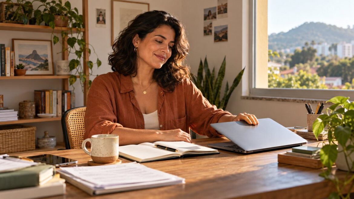 Empreendedora fechando o computador ao encerrar o trabalho em um escritório tranquilo