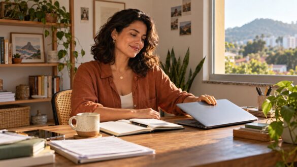 Empreendedora fechando o computador ao encerrar o trabalho em um escritório tranquilo