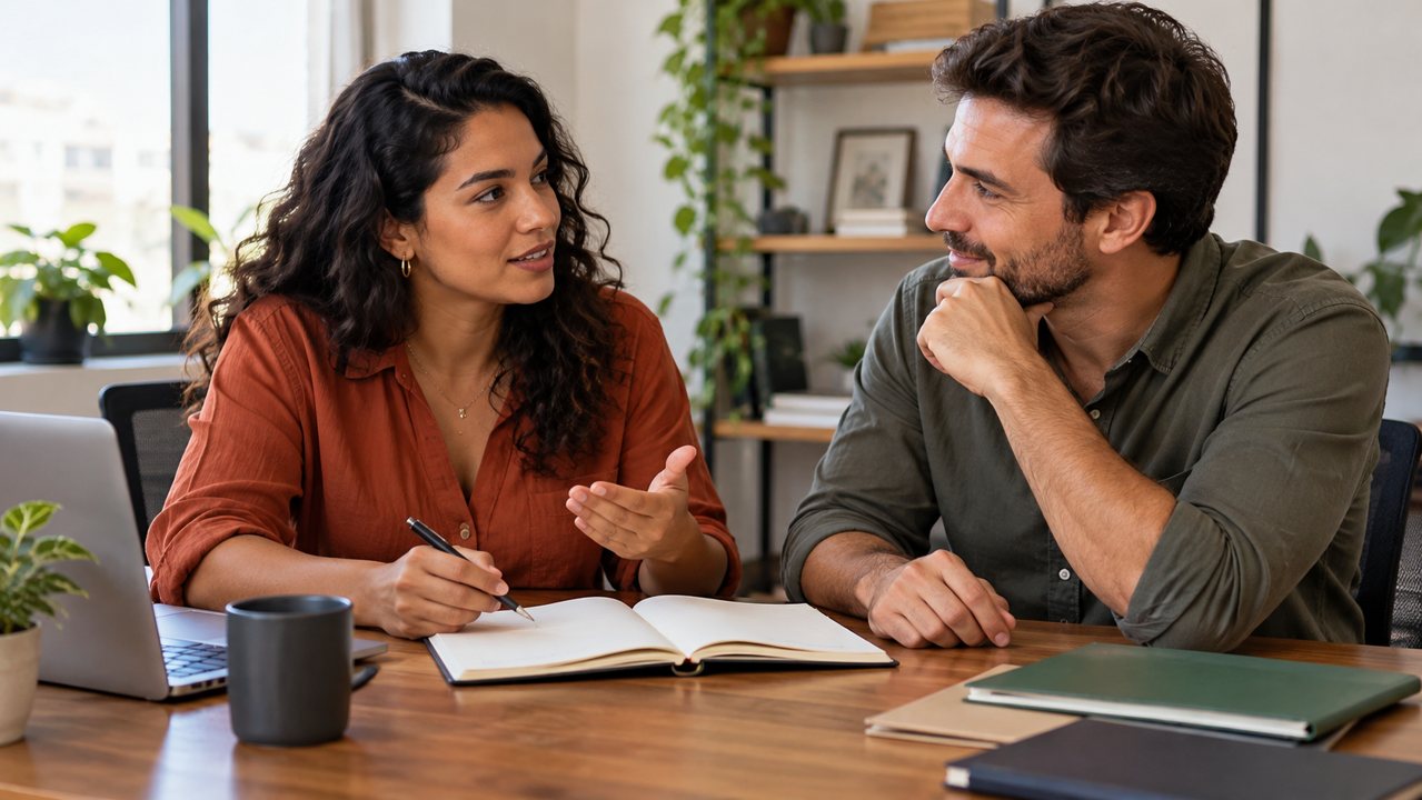 Dois colegas conversando sobre um planejamento compartilhado em uma mesa de trabalho