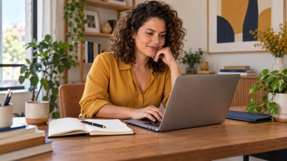 Empreendedora utiliza notebook e caderno para organizar tarefas com apoio digital
