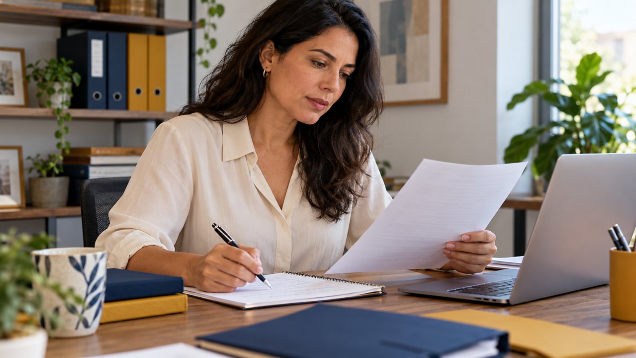 Empreendedora confere um documento e faz anotações antes de utilizar o conteúdo