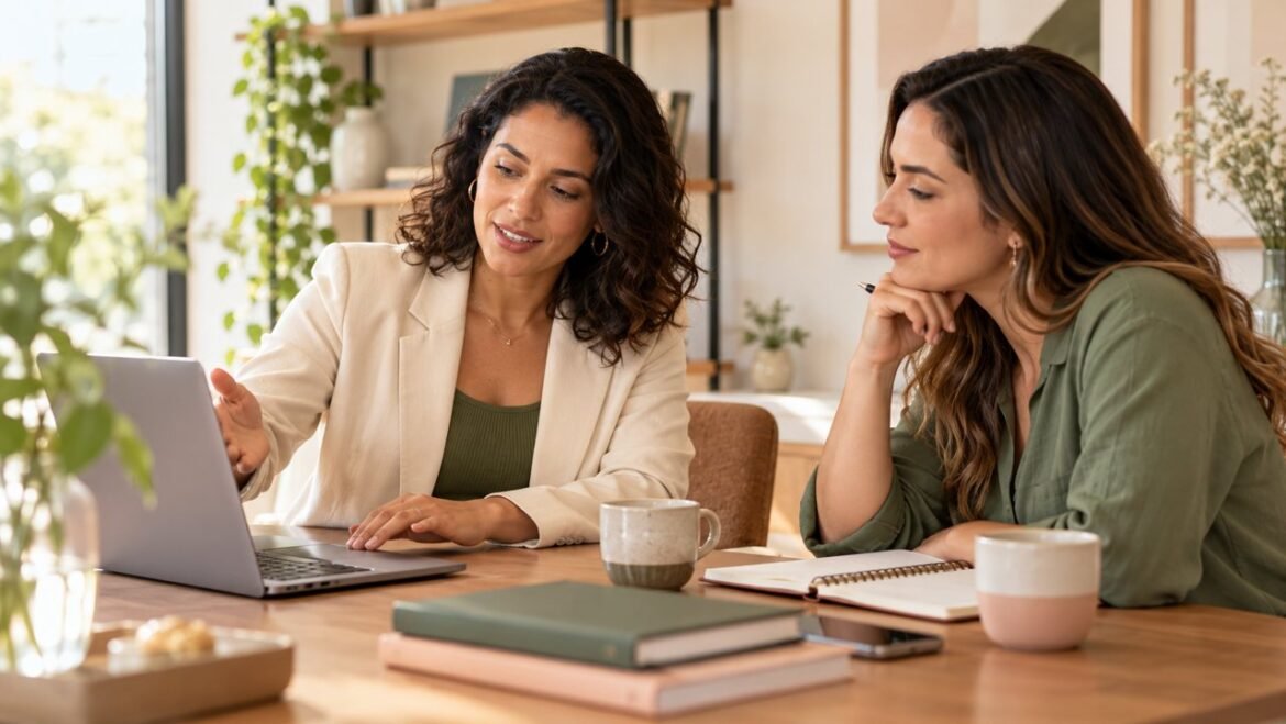 Empreendedora apresenta uma proposta comercial em um computador durante uma reunião.