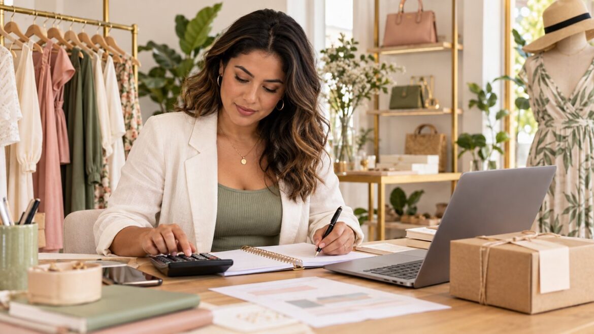 Empreendedora confere o preço de uma promoção com calculadora e registros da empresa
