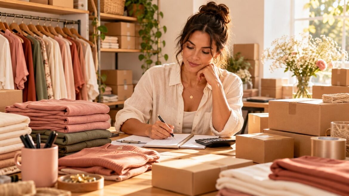 Empreendedora organiza mercadorias e analisa números no estoque da loja