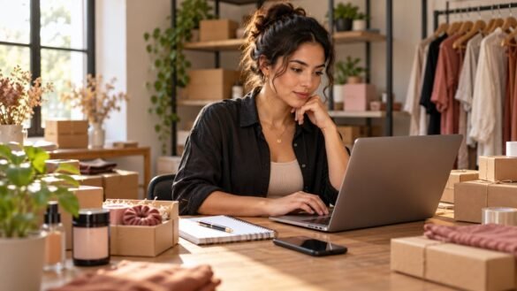Empreendedora consulta o computador em uma mesa de trabalho com produtos, caderno e pedidos embalados.