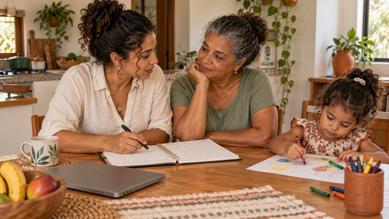 Mãe e familiar conversando sobre os combinados da rede de apoio