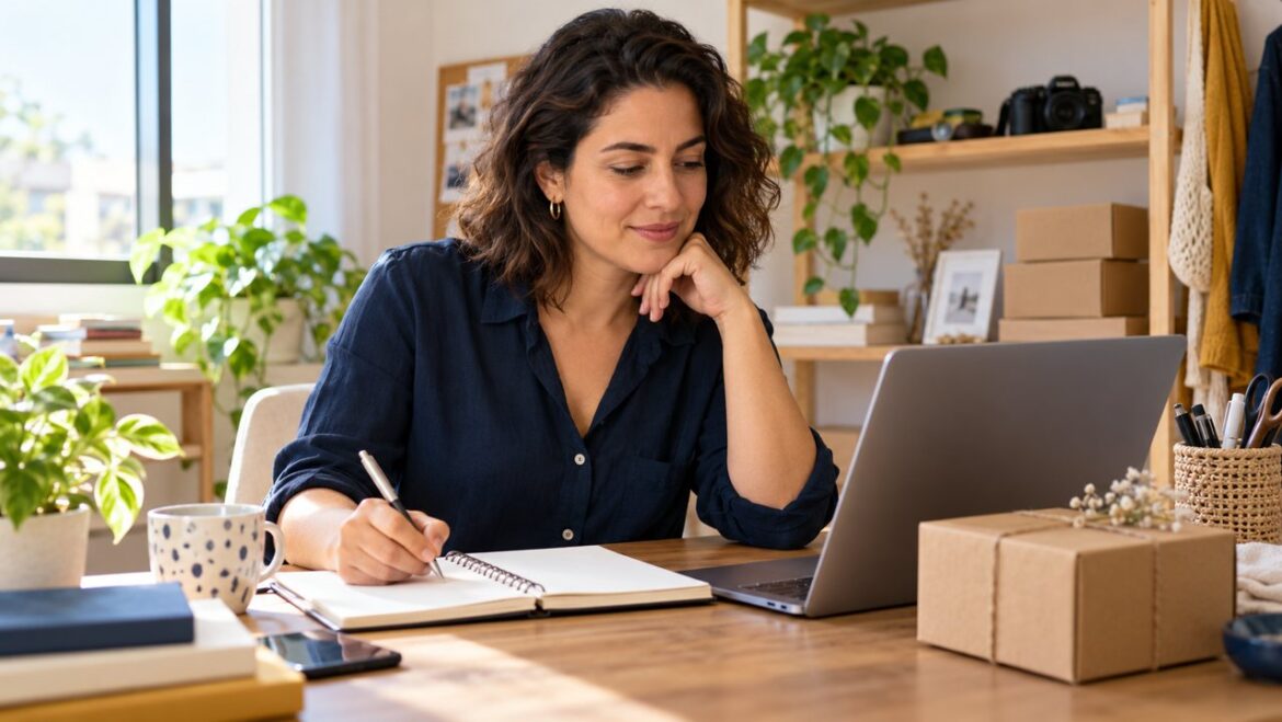 Mulher planeja uma atividade de renda extra em um caderno ao lado do computador.