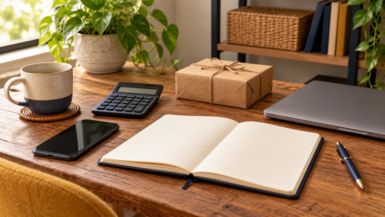 Caderno, calculadora e uma pequena embalagem sobre uma mesa de trabalho.
