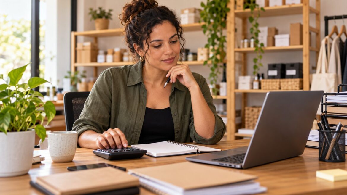 Empreendedora planejando recursos para imprevistos com calculadora, caderno e computador