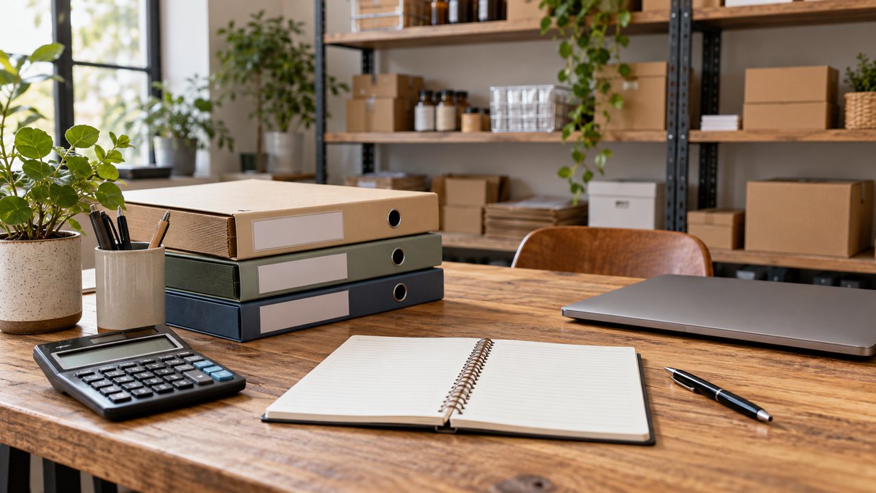 Caderno, calculadora, pastas e computador fechado em uma mesa de planejamento