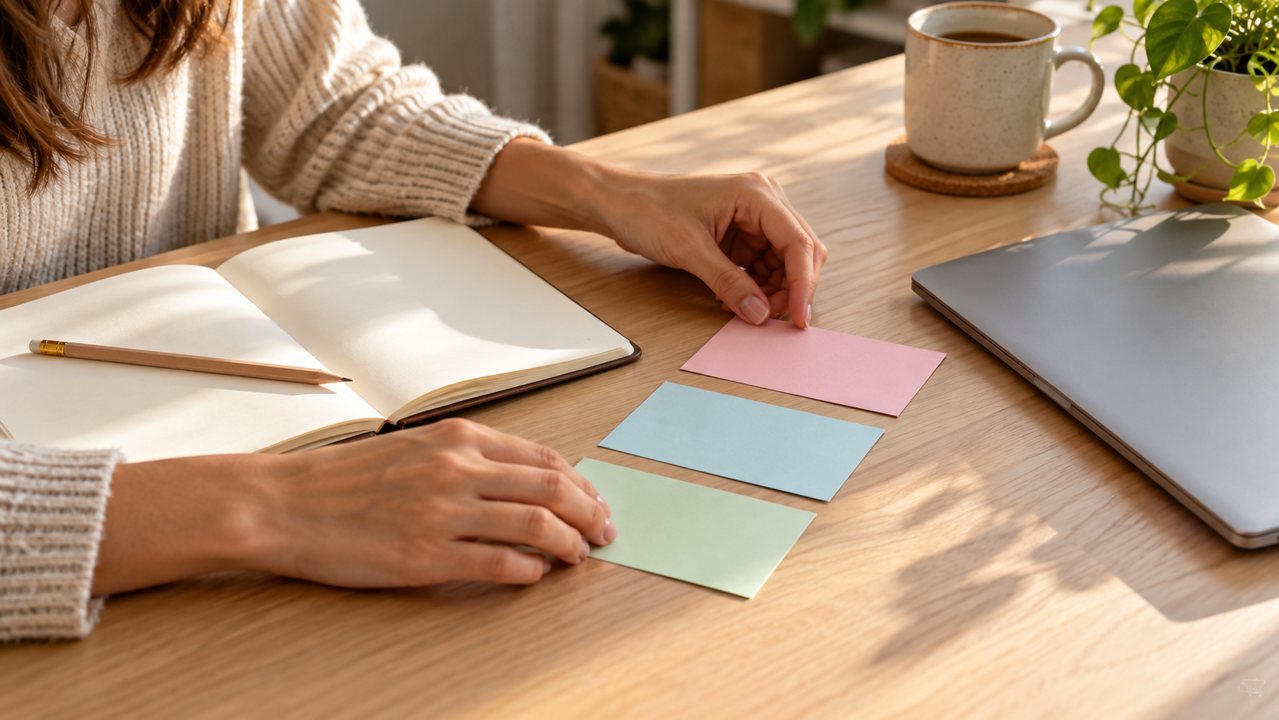 Mãos organizando três cartões de tarefas ao lado de um caderno e notebook.