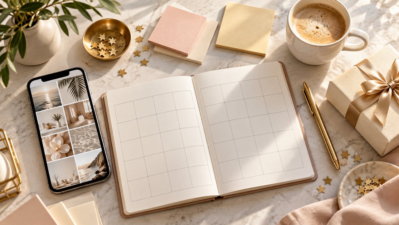 Agenda de conteúdo, celular com referências visuais e detalhes dourados sobre uma mesa