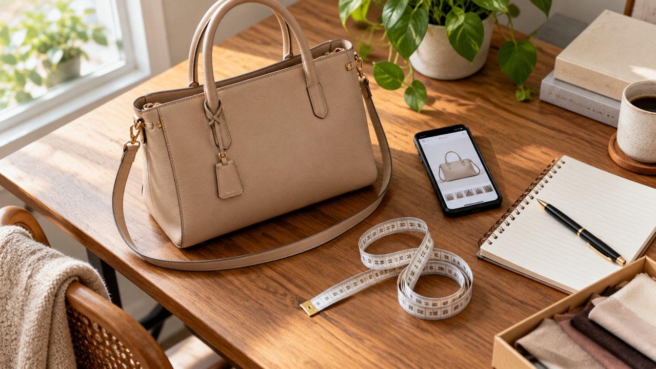 Bolsa ao lado de fita métrica, celular com foto ilustrativa do produto e caderno.