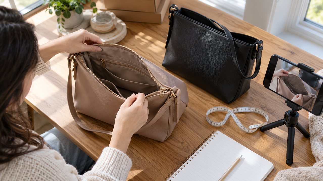 Empreendedora mostra o interior de uma bolsa diante de um celular, com outra opção de cor e fita de medida na mesa.
