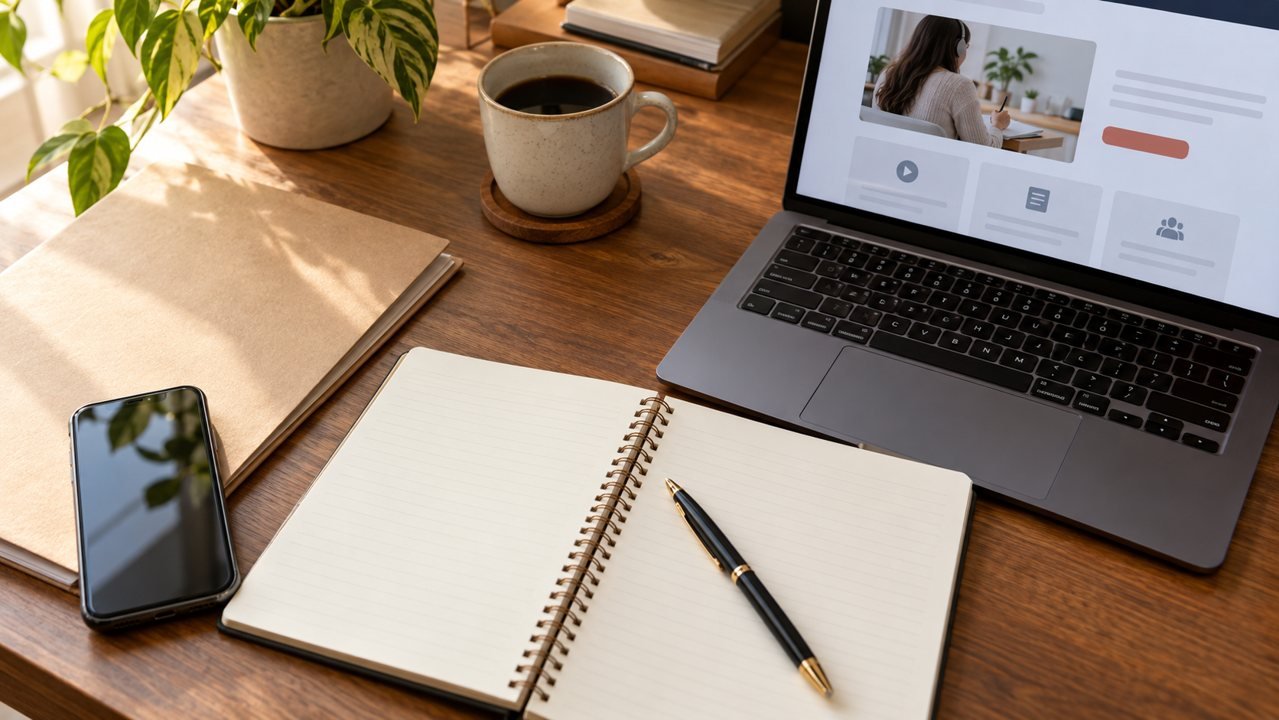 Notebook com página ilustrativa de curso ao lado de caderno de anotações e celular.