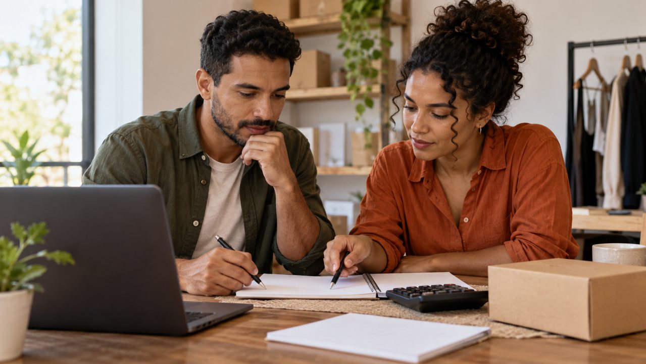 Duas pessoas revisam anotações à mesa com computador, calculadora e uma caixa de produto.