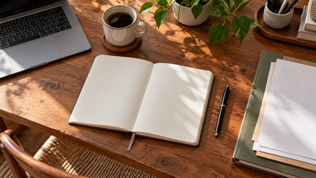 Caderno aberto e pasta com documentos em uma mesa ao lado de notebook e caneta.