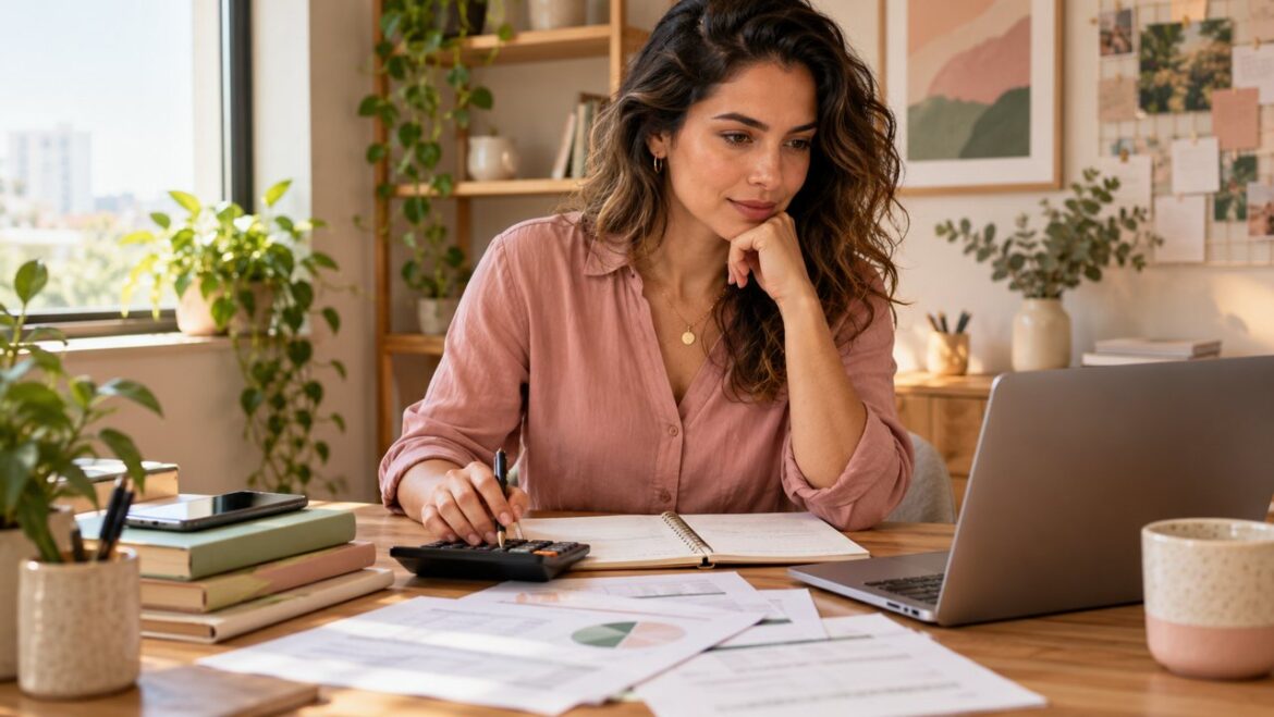 Empreendedora conferindo gastos recorrentes com calculadora e caderno