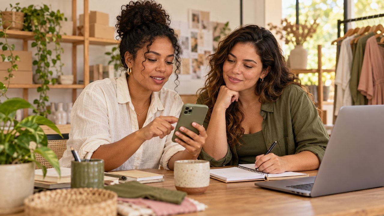 Duas empreendedoras avaliando um perfil no celular e fazendo anotações