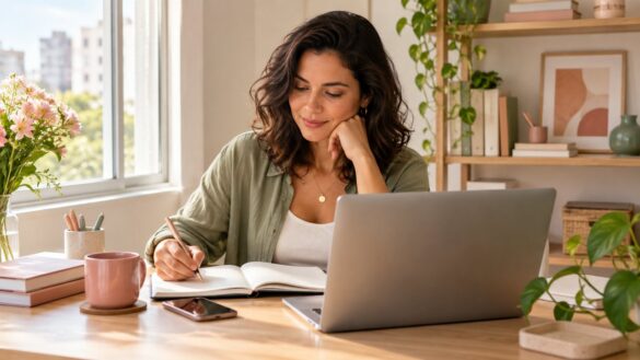 Mulher planejando o trabalho em um caderno ao lado do computador em casa.