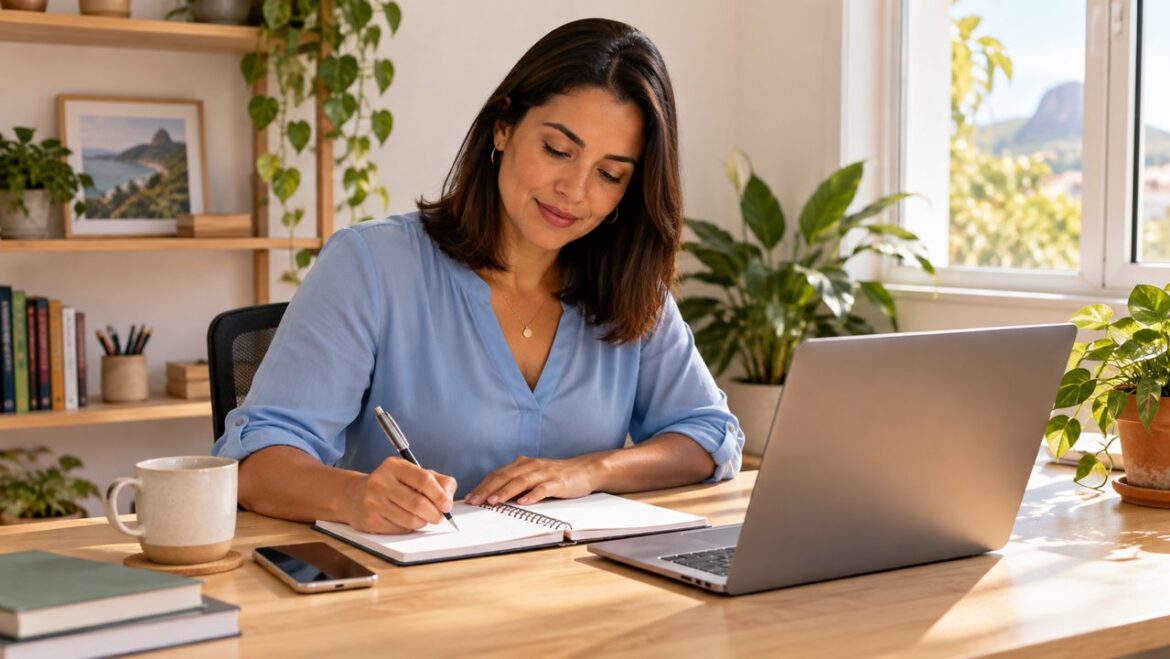 Empreendedora organizando suas prioridades em um caderno ao lado do notebook.