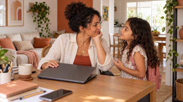 Mãe conversando com a filha ao lado de um notebook fechado em casa.